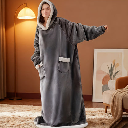 180cm Wearable Blanket Hoodie with Hood, Sleeves, Front Pocket and Four Solid or Plaid Color Options