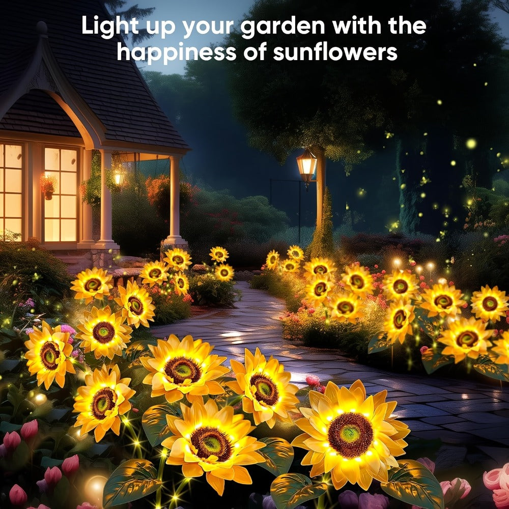 Solar Sunflower Garden Stake Lights, Four Assemblies with 12 Flowers and 8 Butterfly Clips