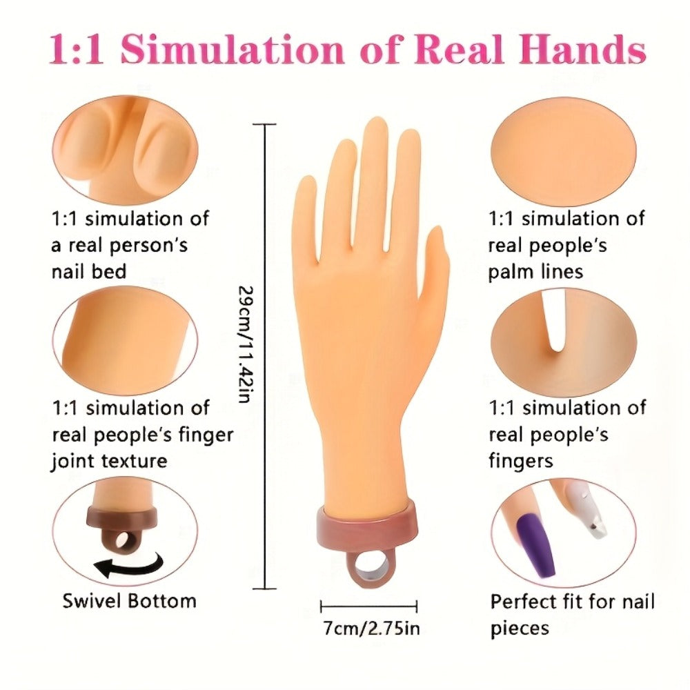Silicone Nail Practice Hand Model with Desktop Stand – Flexible Realistic Fake Hand for Nail Art Training