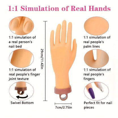 Silicone Nail Practice Hand Model with Desktop Stand – Flexible Realistic Fake Hand for Nail Art Training