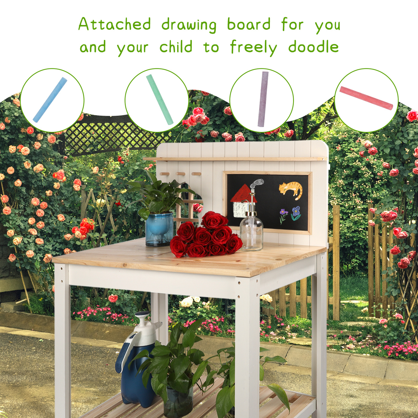 Potting Bench Table Cedar Wood Garden Workstation with Blackboard Removable Sink Hooks Double Shelf for Garden, Patio and Yard Use