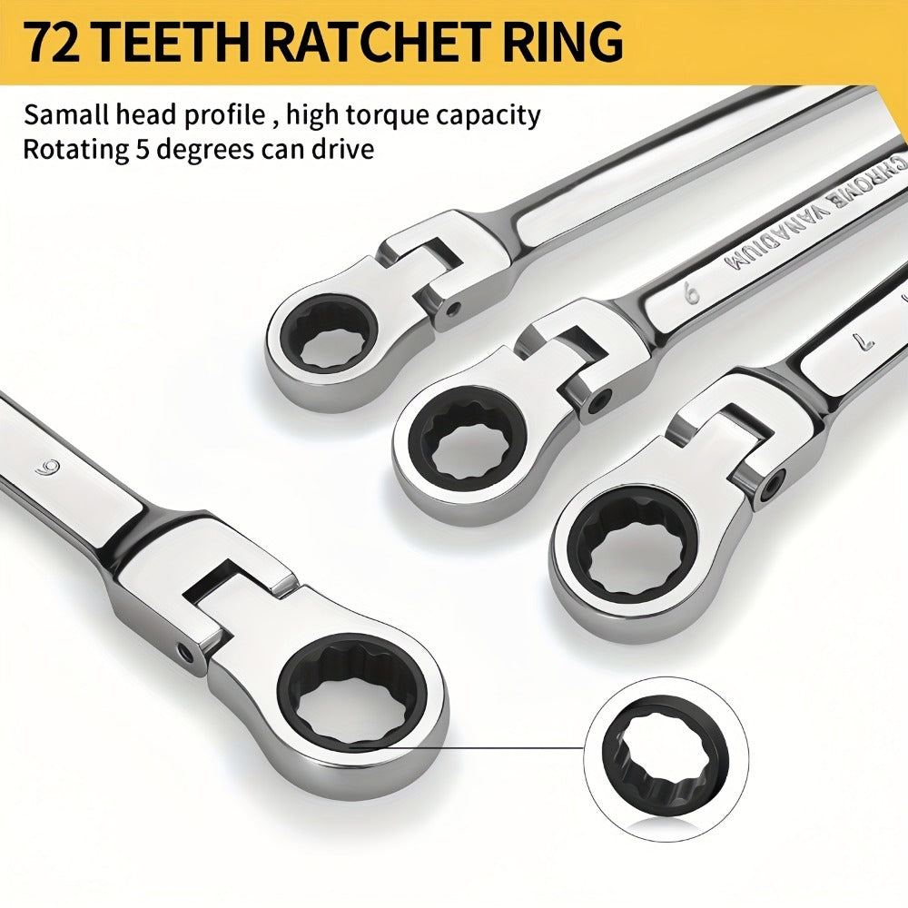 Ratchet Wrench Set 5pcs Flexible Head 6-10mm Metric Chrome Vanadium Steel 72-Tooth Combination Wrench for Home, Garage and DIY Projects
