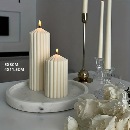 White Ribbed Soy Wax Pillar Candle Pair with Two Matched Sizes or One-of-Each Mixed-Size Option