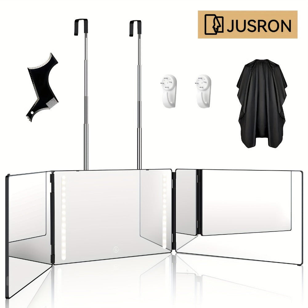 360° LED Self Hair Cutting Mirror, Anti-Fog HD Glass, Touch Dimming LED Light, USB Rechargeable 1500mAh