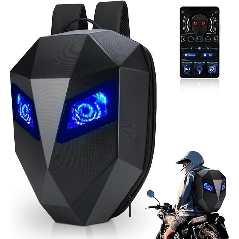 LED Motorcycle Backpack with Display Screen, Hard Shell Helmet Bag, USB Charging Port, 48x48 Dot Matrix Smart Riding Backpack
