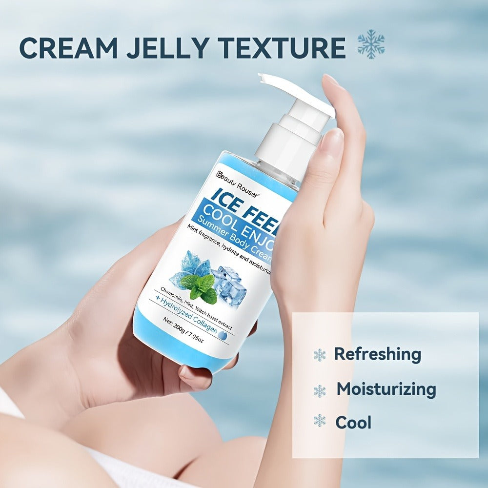 Body Cream Beauty Rouser ICE FEEL 200g Pump with Mint Chamomile Witch Hazel and Collagen Package Callouts