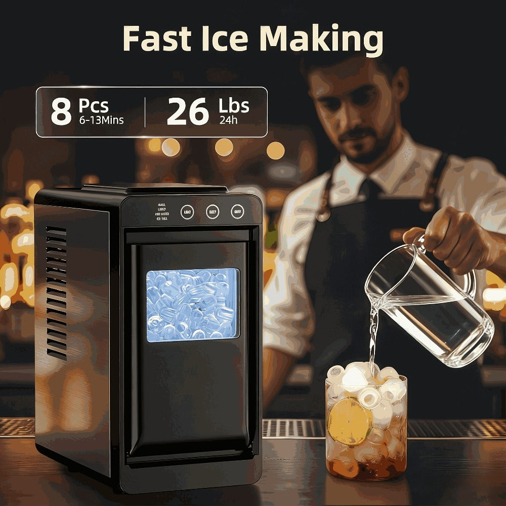 Countertop Ice Maker – 26 Lbs in 24 Hours, Selectable Ice Size, Internal Lighting, Self-Cleaning Portable Ice Machine with Basket & Scoop