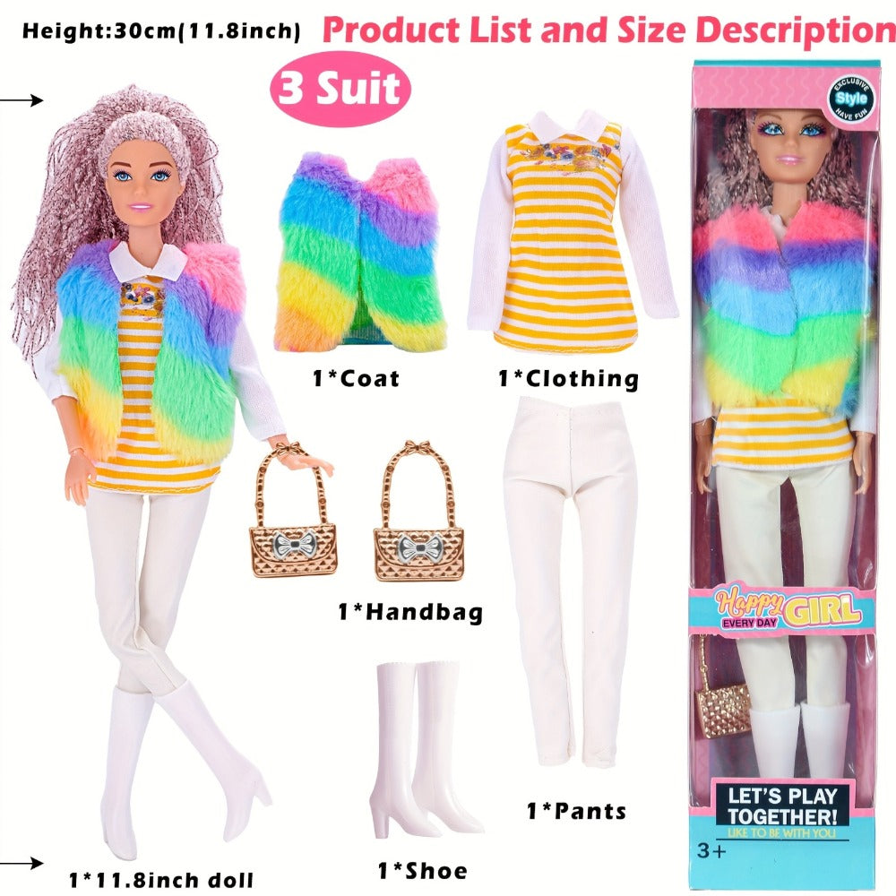 Six-Piece 11.5-Inch Fashion Doll Set with Mixed Outfits, Handbags, Hats, Necklaces and Suitcase Accessories