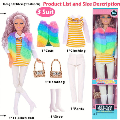 Six-Piece 11.5-Inch Fashion Doll Set with Mixed Outfits, Handbags, Hats, Necklaces and Suitcase Accessories