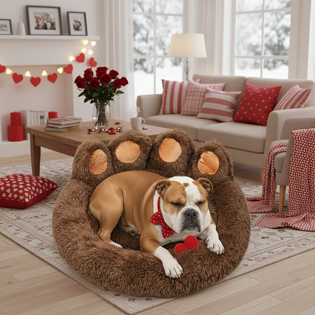 Dog Bed Cat Bed Bear Paw Shaped Donut – Calming Round Plush Pet Mattress, Warm & Soft Cuddler Bed for Dogs and Cats, Includes Pet Scarf