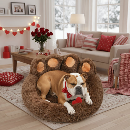 Dog Bed Cat Bed Bear Paw Shaped Donut – Calming Round Plush Pet Mattress, Warm & Soft Cuddler Bed for Dogs and Cats, Includes Pet Scarf