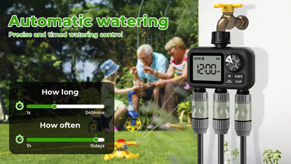 3-Zone Sprinkler Timer with Auto/Manual/Rain Delay Modes, Programmable Garden Hose Irrigation Controller