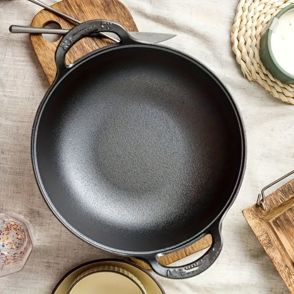 Cast Iron Wok Skillet Non-Stick Deep Stir Fry Pan with Dual Handles – Uncoated Traditional for Home Cooking, Dining and Outdoor Meals