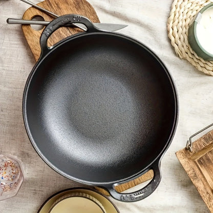 Cast Iron Wok Skillet Non-Stick Deep Stir Fry Pan with Dual Handles – Uncoated Traditional for Home Cooking, Dining and Outdoor Meals