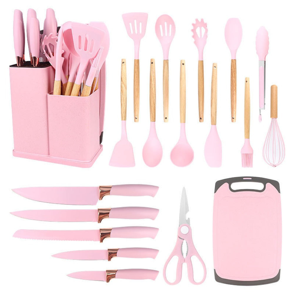 19-Piece Non-Stick Silicone Cookware Set with Bamboo Storage, Knives & Wooden Handle, Pots, Pans & Utensils for Induction & Oven