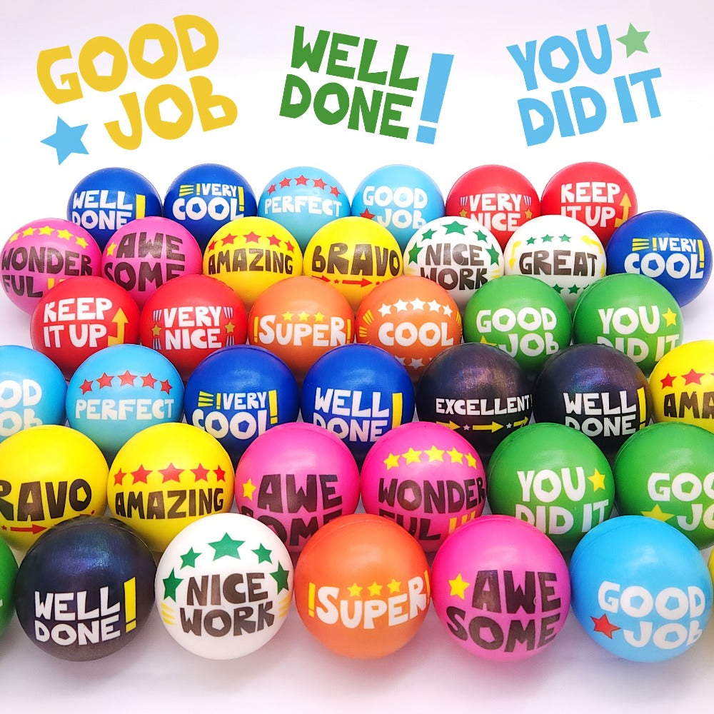 Motivational Squeeze Stress Balls 24 Pack Multicolor, 2.48" Squishy Balls with Positive Affirmation Slogans for Classroom Prizes