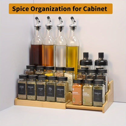 Expandable Bamboo Spice Rack with Three Stepped Tiers, 9.5-15.7-Inch Width and One- or Two-Piece Options