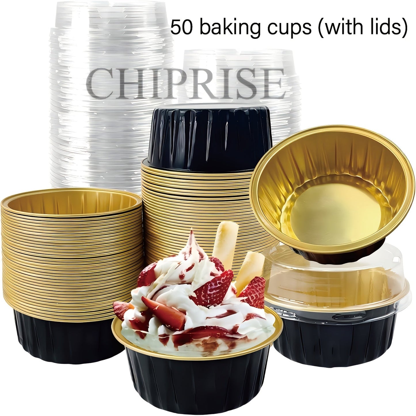 Aluminum Foil Baking Cups with Lids, Disposable Cupcake Molds with Spoons, Foil Dessert Cups for Pudding Muffins Mousse