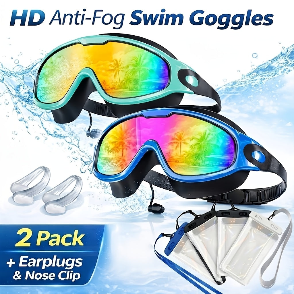 Two-Pack Wide-Lens Swim Goggles with Mirrored Blue-Green Lenses, Adjustable Straps, Case and Accessories