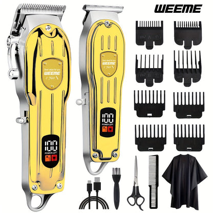Hair Clipper WEEME 819 Gold or Silver Two-Tool Set with LCD Displays, USB Charging and Eight Guide Combs