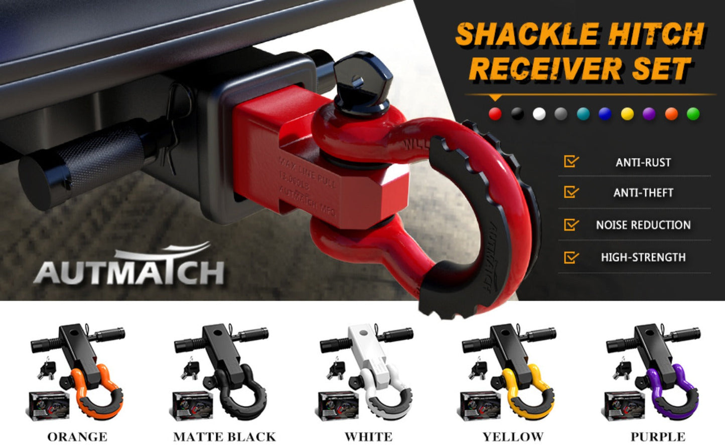 Shackle Hitch Receiver Kit 2 Inch – 45, 000 lbs Break Strength, Drop-Forged Steel, Lock Pin & D-Ring, Fits Truck RV ATV Boat, 8 Colors