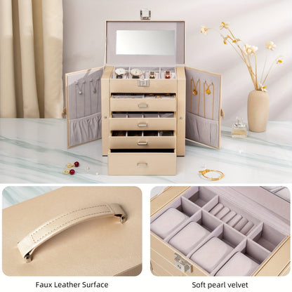 Jewelry Box, Five-Tier PU-Leather Organizer with Built-In Mirror, Key Lock and Three Color Options
