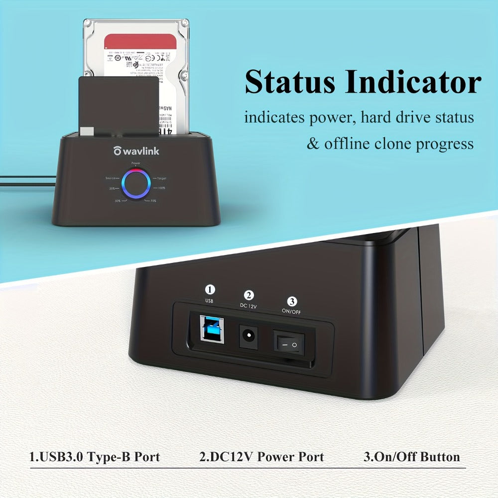 Dual Bay Hard Drive Docking Station USB 3.0 to SATA with Offline Clone Function, Wavlink Tool-Free Dock for 2.5/3.5 Inch HDD SSD