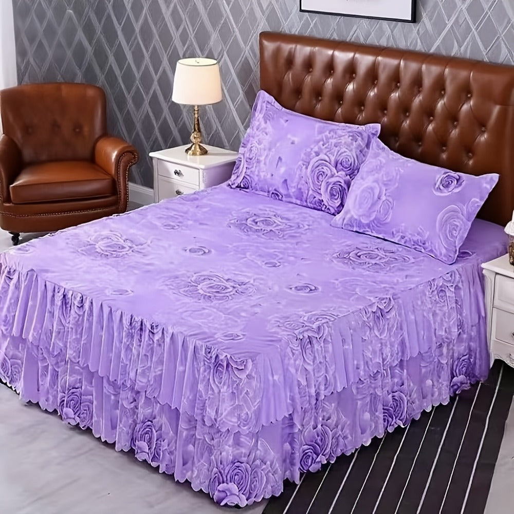 Floral Bed Skirt Set 3-Piece, 1 Ruffled Dust Ruffle Bed Skirt + 2 Pillowcases, Peony & Botanical Print