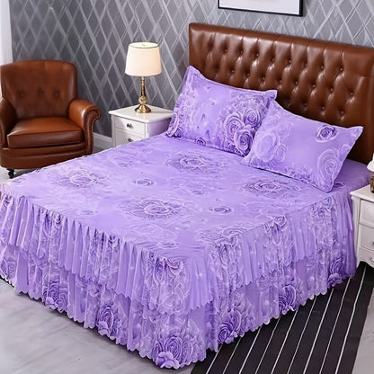 Floral Bed Skirt Set 3-Piece, 1 Ruffled Dust Ruffle Bed Skirt + 2 Pillowcases, Peony & Botanical Print