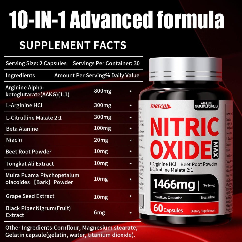 Nitric Oxide Supplement 10-in-1 with L-Arginine, L-Citrulline, AAKG & Beetroot - Blood Flow