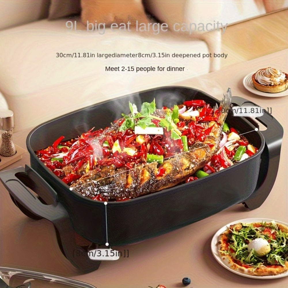 Electric Ceramic Non-Stick Pot 12x12 Inch 1500W Square Skillet with Glass Lid Adjustable for Home Cooking, Dining and Outdoor Meals