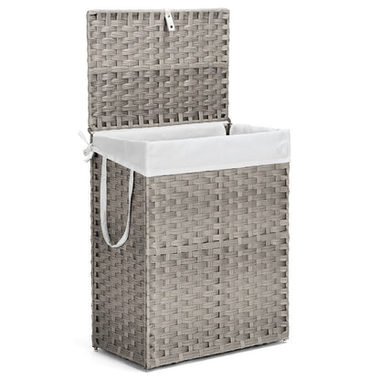Lidded Woven Laundry Hamper with Removable Liner in Goose Yellow or Dove Gray and Two Capacity Labels