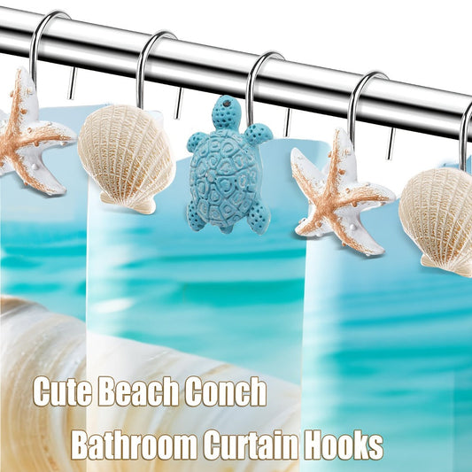 12-Piece Marine Shower Curtain Hook Set with Blue Turtle, Starfish and Seashell Decorations
