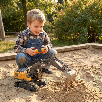 RC Excavator Toy for Kids Track Type 2.4GHz, 1200mAh Rechargeable Remote Control Construction Truck with Metal Shovel & LED Light