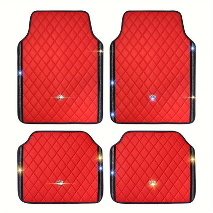 Quilted Crown Car Floor Mats, Four-Piece Set in Red, Black or Prismatic Embossed Style Options