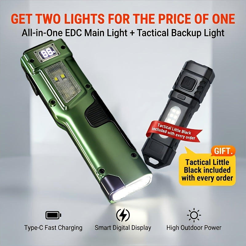 Flashlight 2-Piece EDC Set with Eight Modes, USB-C Charging, Digital Display and Mini Backup Light