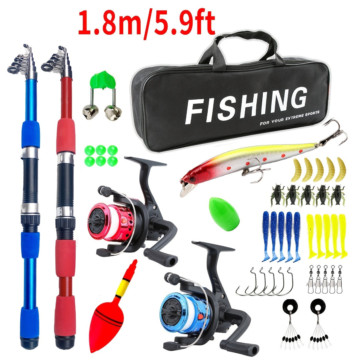 Beginner Fishing Rod & Reel Set – Couple Double Rod Wheel Kit with Red & Blue Fishing Poles 70.87" & 82.68"