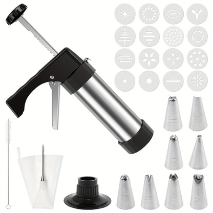 Cookie Press Kit Stainless Steel – 16 Cookie Discs & 8 Icing Tips, Biscuit Press Maker for Christmas Holiday Baking