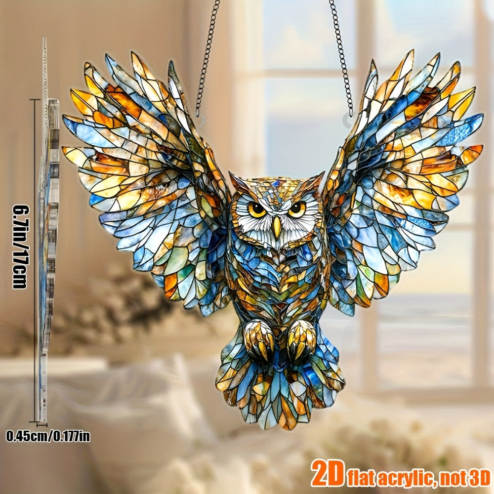 Owl Hanging Ornament Colorful Acrylic 6.7"x8", 2D Flat Animal Wall Art Decoration for Christmas Tree, Home, Office & Outdoor
