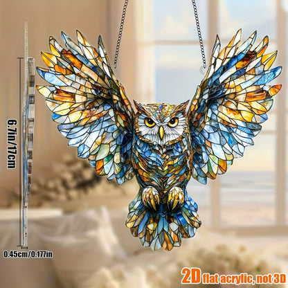 Owl Hanging Ornament Colorful Acrylic 6.7"x8", 2D Flat Animal Wall Art Decoration for Christmas Tree, Home, Office & Outdoor