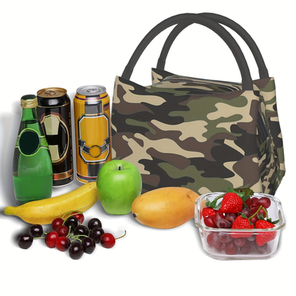 Camouflage Lunch Bag Tote, 11 x 6.5 x 7 Inches with Top Zipper, Dual Carry Handles and Tapered Profile