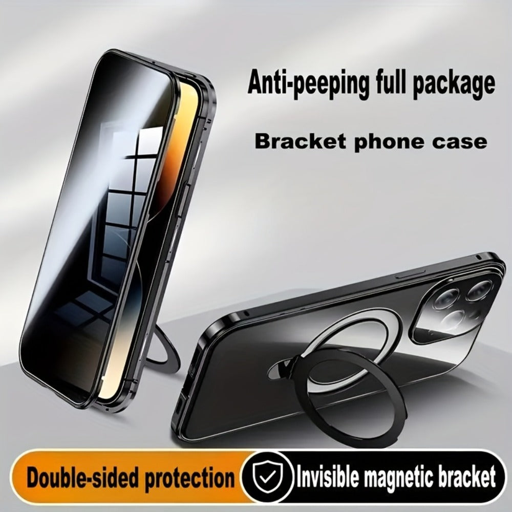 Phone Case Privacy-Panel Double-Sided Tempered Glass Cover with Snap Lock and Kickstand for iPhone 15 Models