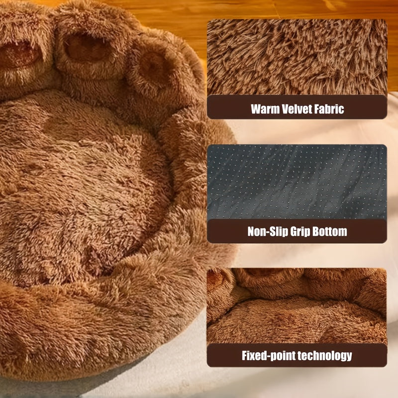Bear-Paw Round Plush Pet Bed in Coffee, Pink or Gray with Four Weight-Labeled Size Options