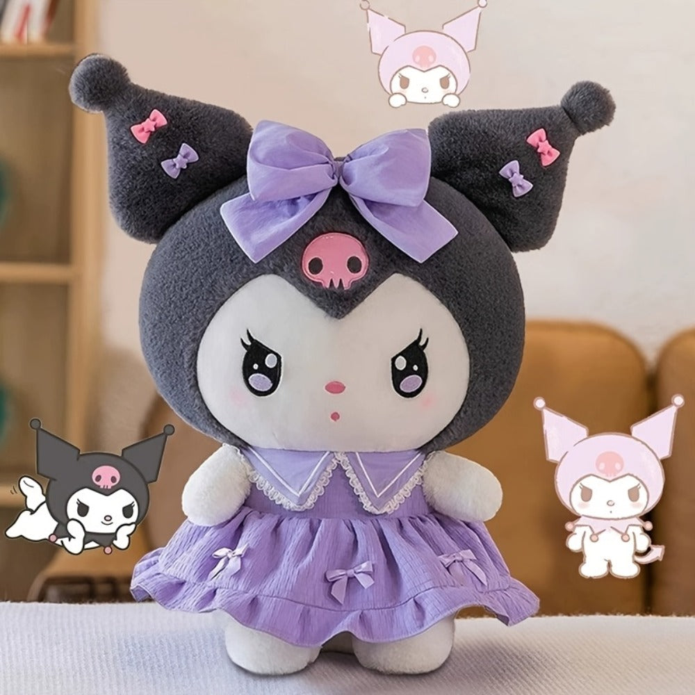Kuromi My Melody Plush Doll Princess Dress, Collectible Sanrio Stuffed Animal with Pink Bow & Ruffled Collar