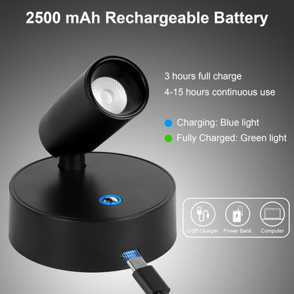 Rechargeable Indoor Spotlight LED, 3-Color Dimmable with Remote & Timer, 350° Adjustable, 2500mAh Battery