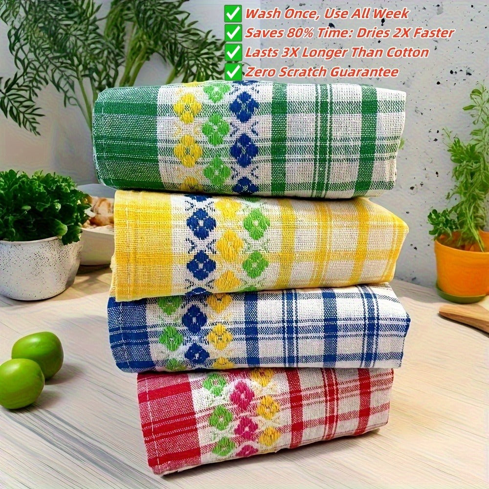 Four-Piece Kitchen Towel Set, 18 x 28 Inches Each with Mixed Plaid, Stripe and Floral-Band Colors