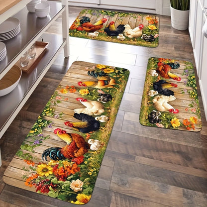 Rooster Kitchen Rugs Set 1/2/3/4pcs Vintage Farmhouse Anti-Slip Floor Mats for Kitchen Bedroom Bathroom Living Room Laundry Room Entrance