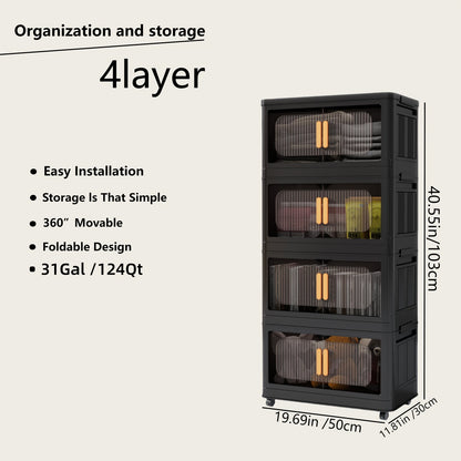Storage Cart 4 or 5-Tier Enclosed Plastic Organizer with Double Doors, Folding Panels and Lockable Wheels