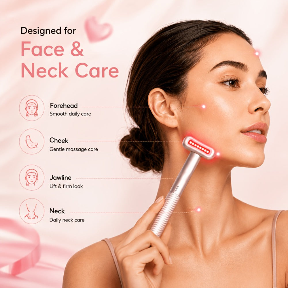 Pink Rechargeable Facial Massage Wand with Red LED Bar, Textured Grip and Charging Base for Face and Neck Use