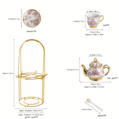 Floral Ceramic Tea Set 20 Pcs – European Porcelain Tea Cups & Saucers with Metal Holder & 15 Oz Teapot – Luxury Arabic Coffee Cup Set